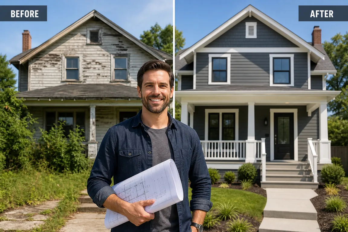 Same house before and after a flip: peeling paint and overgrown yard vs. gray siding, white porch, and new landscaping
