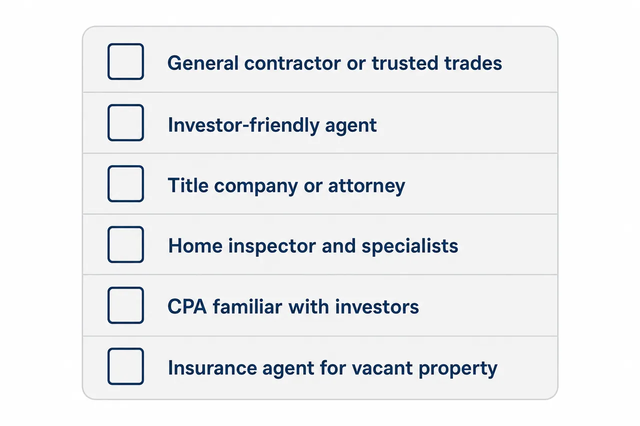 Checklist of the flip team to line up early: contractor, agent, title or attorney, inspector, CPA, insurance agent