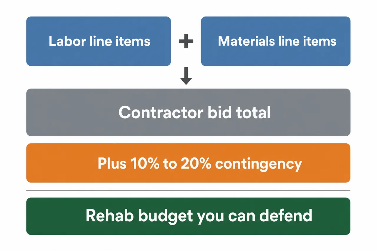Rehab budget breakdown: labor and materials make the bid total, plus a 10% to 20% contingency