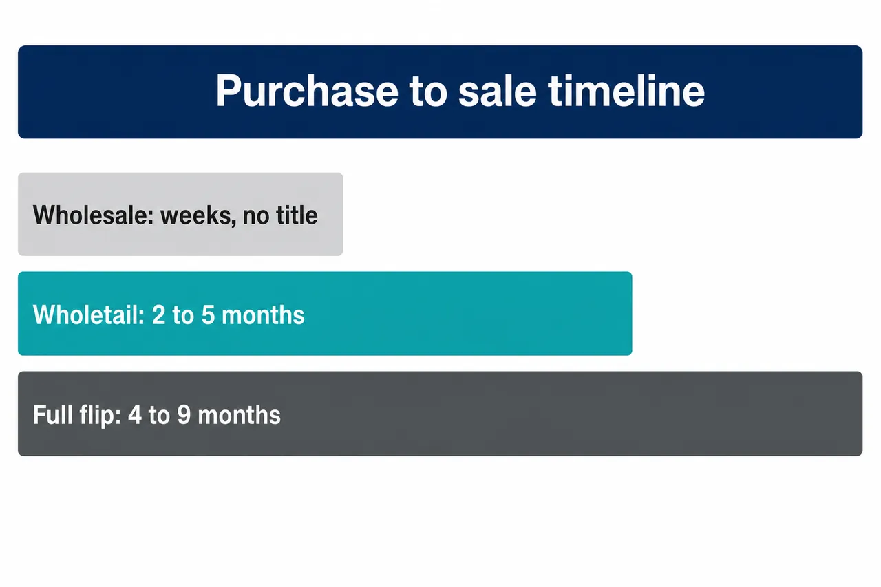 Comparison chart of hold time: wholesale takes weeks, wholetail 2 to 5 months, full flip 4 to 9 months