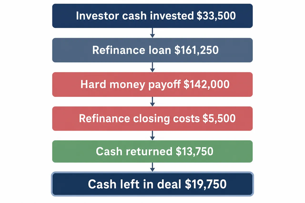 BRRRR example deal: $33,500 invested, $161,250 refinance, $142,000 payoff, $13,750 back, $19,750 left in the deal