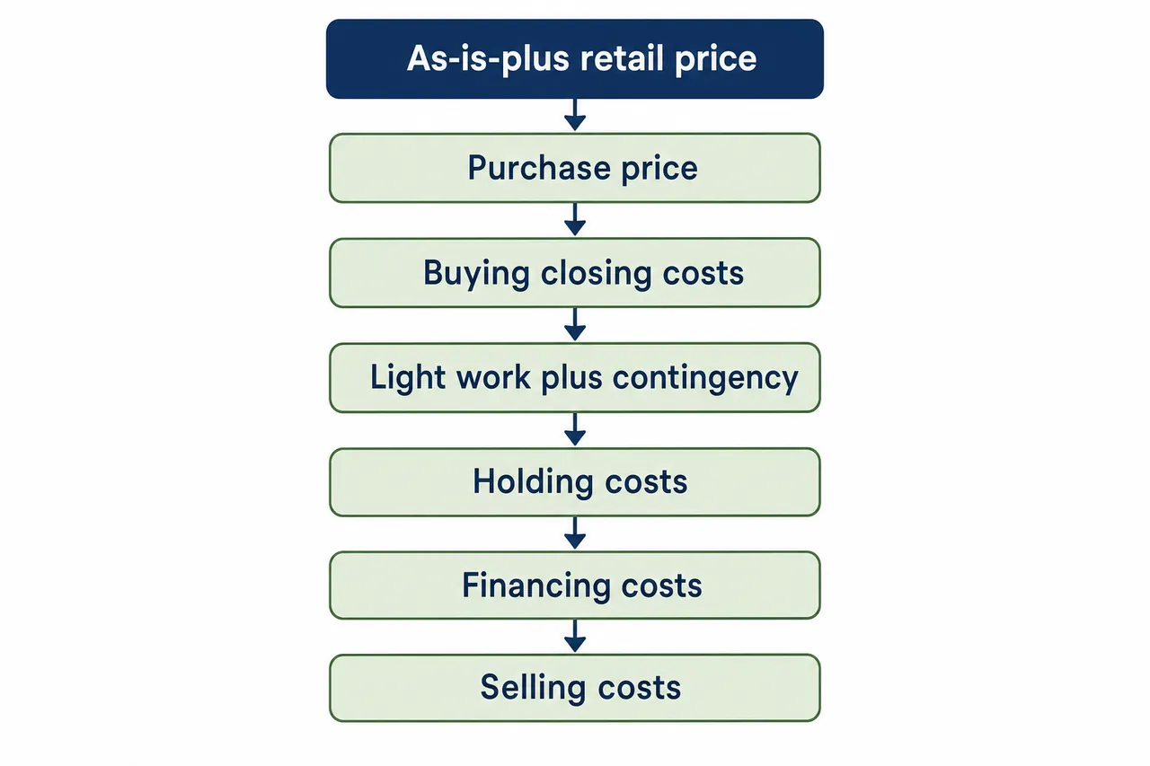 Flowchart of wholetail deal math: start from as-is-plus retail price, then list purchase, closing, work, holding, financing and selling costs