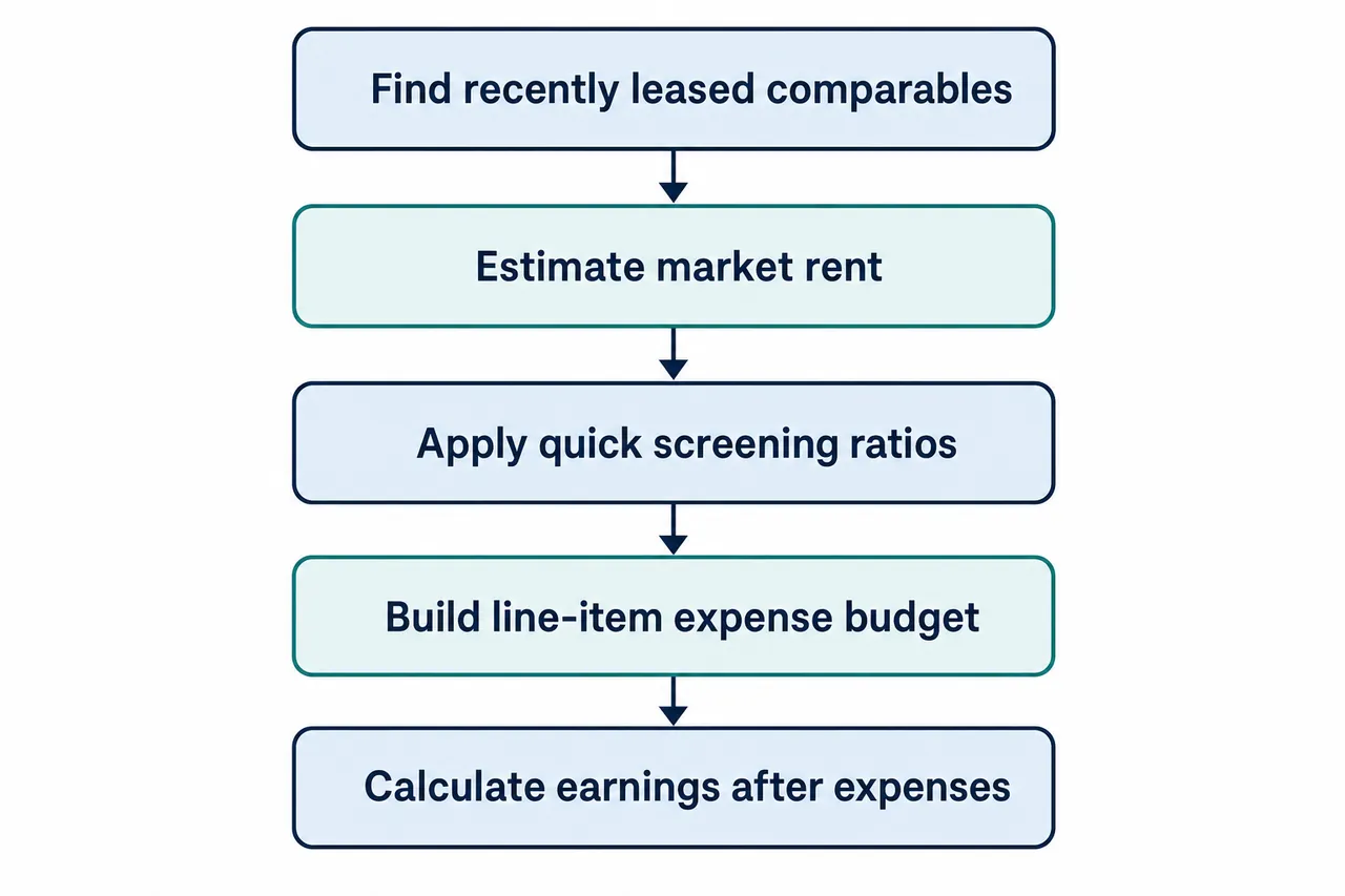 Flowchart of rental analysis: leased comparables, market rent, quick screens, expense budget, earnings after expenses