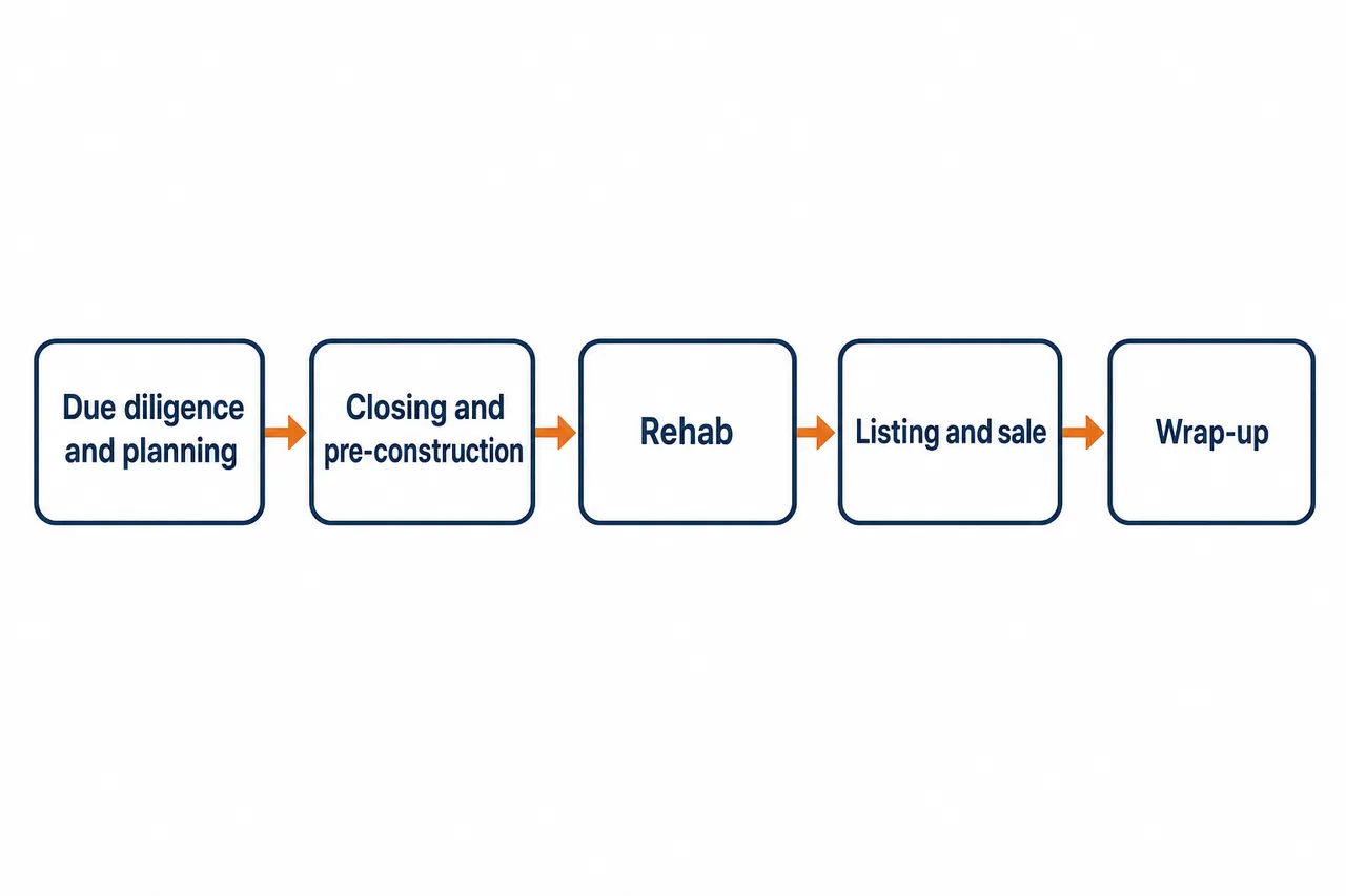 Flowchart of the five fix and flip phases: due diligence and planning, closing and pre-construction, rehab, listing and sale, wrap-up