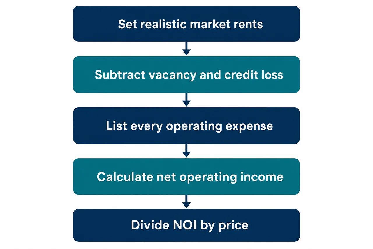 Flowchart of five steps to analyze a 2-4 unit property, from setting market rents to dividing NOI by price