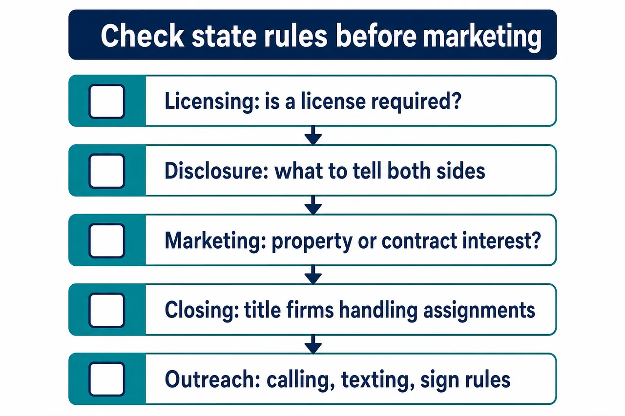 Checklist of state rules to verify before wholesaling: licensing, disclosure, marketing, closing, and outreach