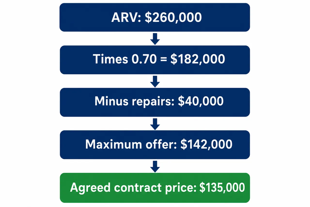 70 percent rule math: $260,000 ARV times 0.70, minus $40,000 repairs, gives a $142,000 max offer