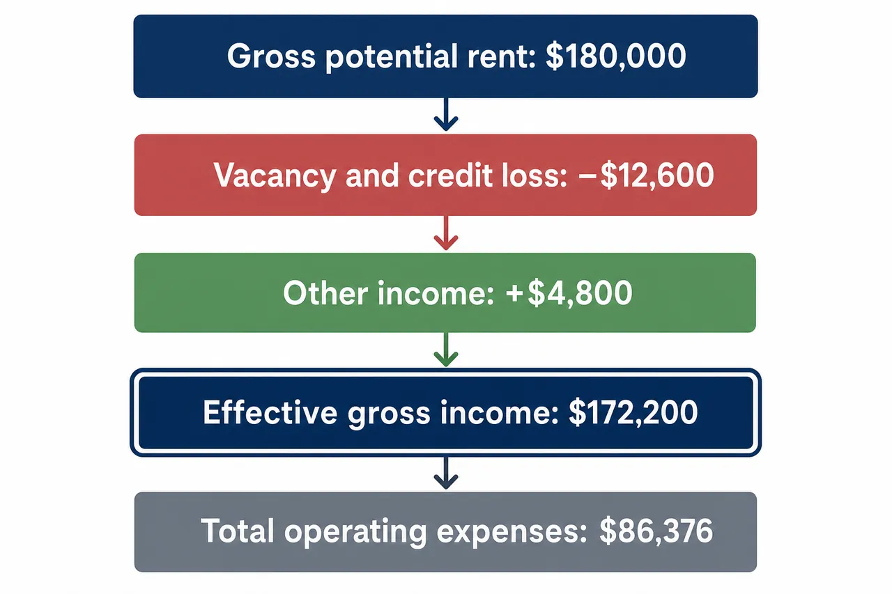 Income breakdown for the 12-unit example: $180,000 rent, vacancy, other income, $172,200 EGI and $86,376 expenses