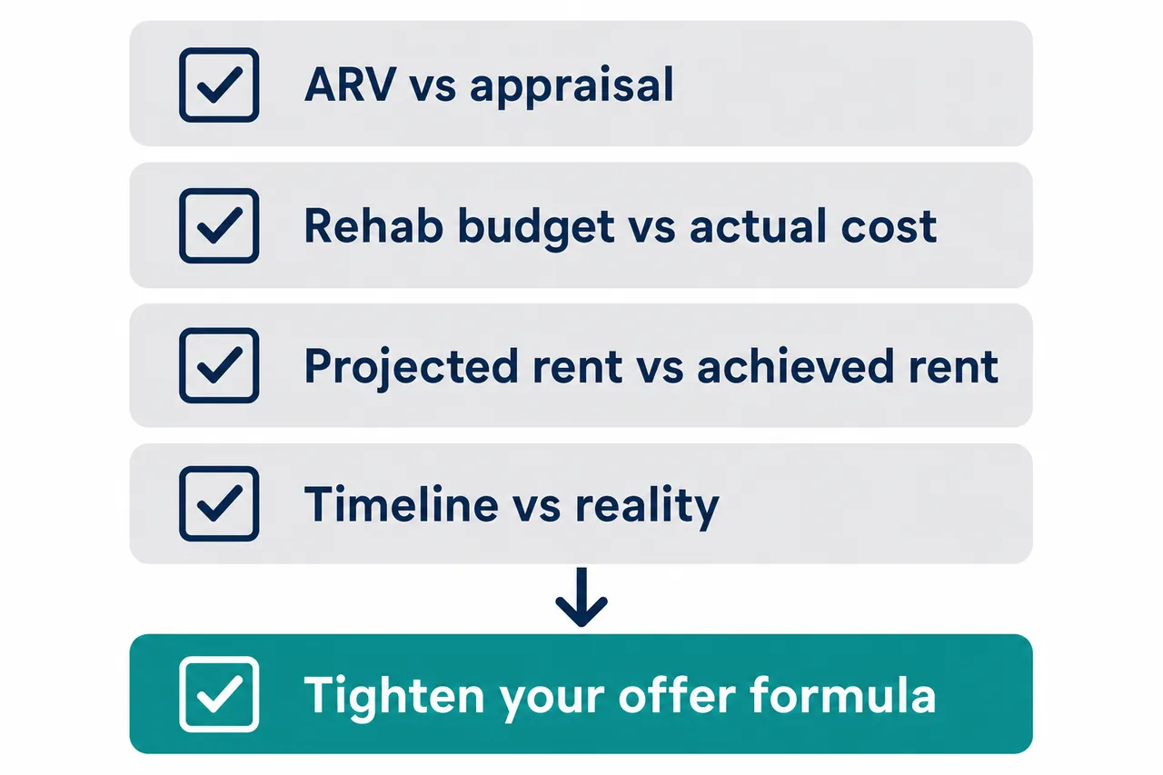 Checklist comparing estimates to results after a BRRRR deal, leading to tightening the offer formula