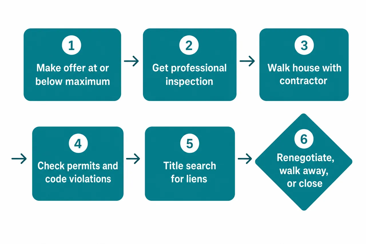 Process from offer to closing: offer, inspection, contractor walk, permit check, title search, then decide