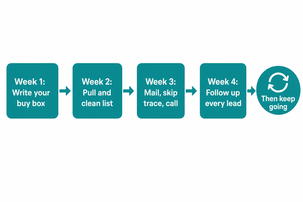 First 30 days plan: buy box, pull and clean a list, mail and call, follow up, then keep going