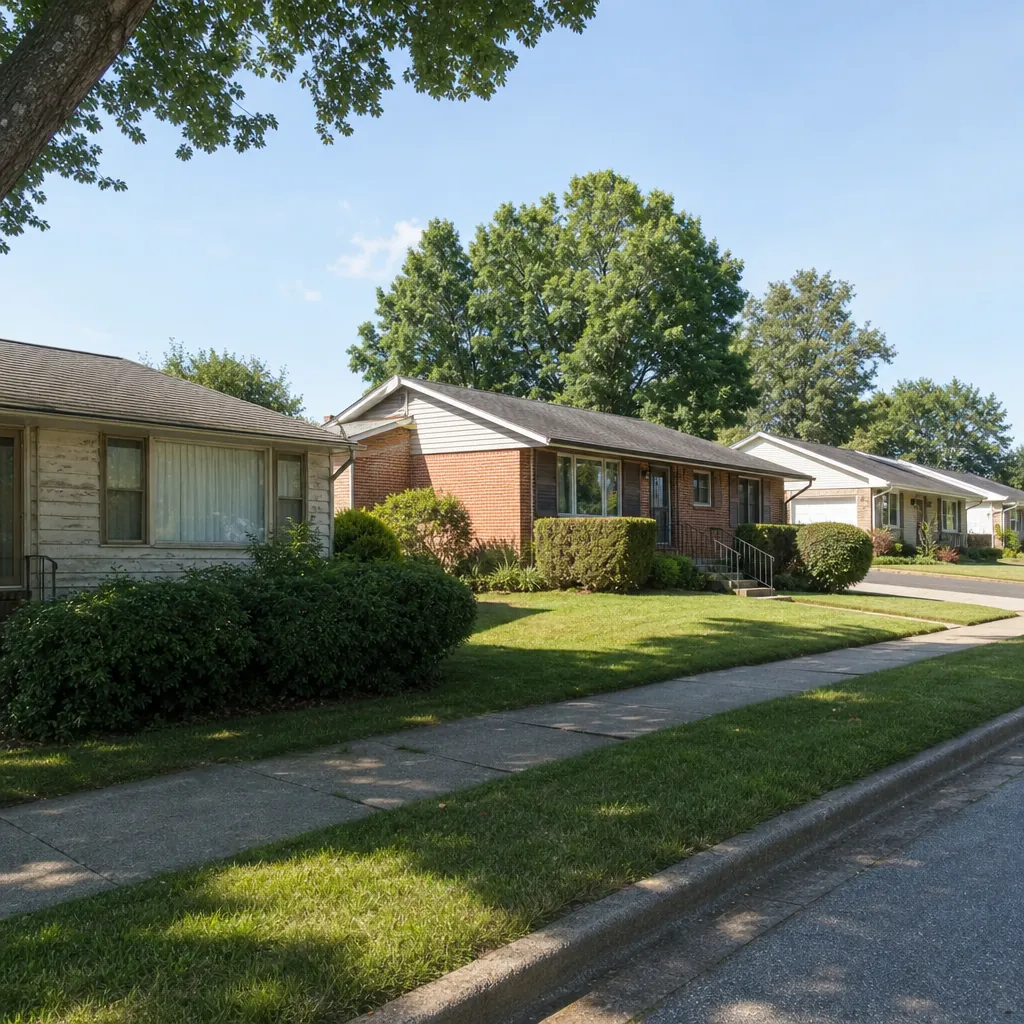Suburban street of 1960s to 1990s single-family ranch homes, the kind of area an investor's buy box targets
