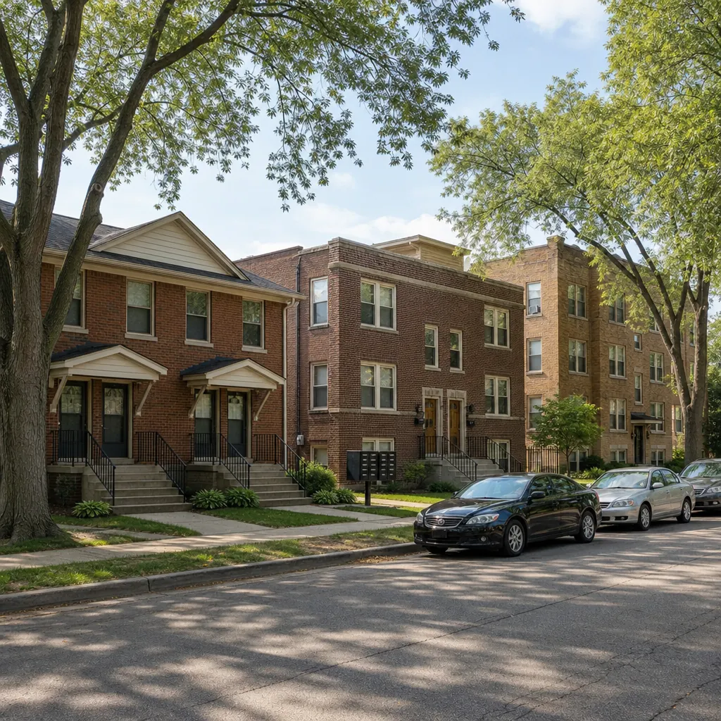Street with a brick duplex, a fourplex and a small apartment building showing multifamily size tiers