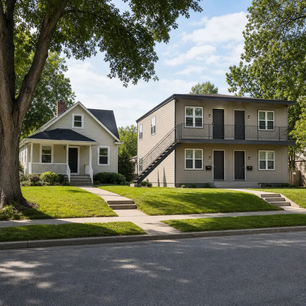 Detached single-family house beside a small fourplex on a tree-lined residential street