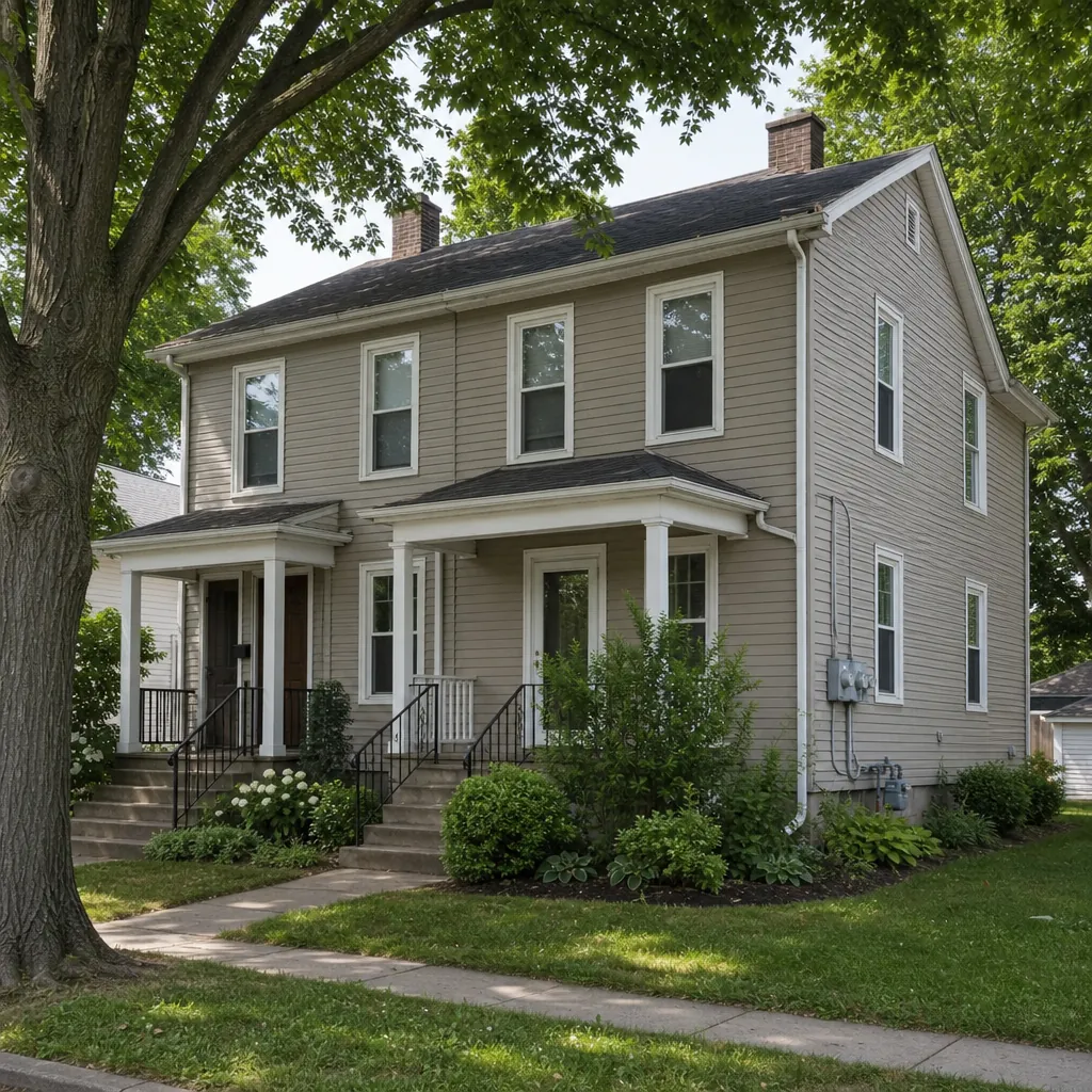 Older side-by-side duplex with two separate entrances, separate utility meters and an aging roof on a residential street