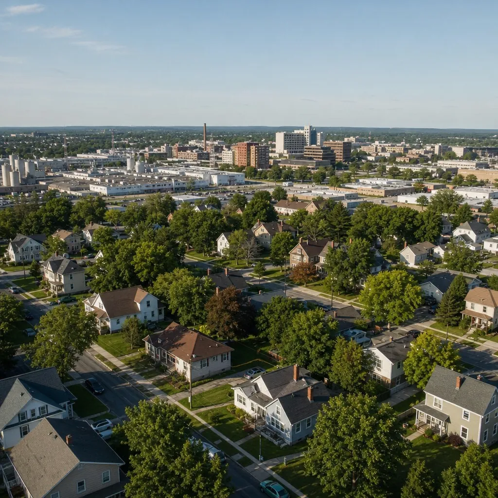 Neighborhood of single-family homes and duplexes with a diverse downtown employment area in the distance
