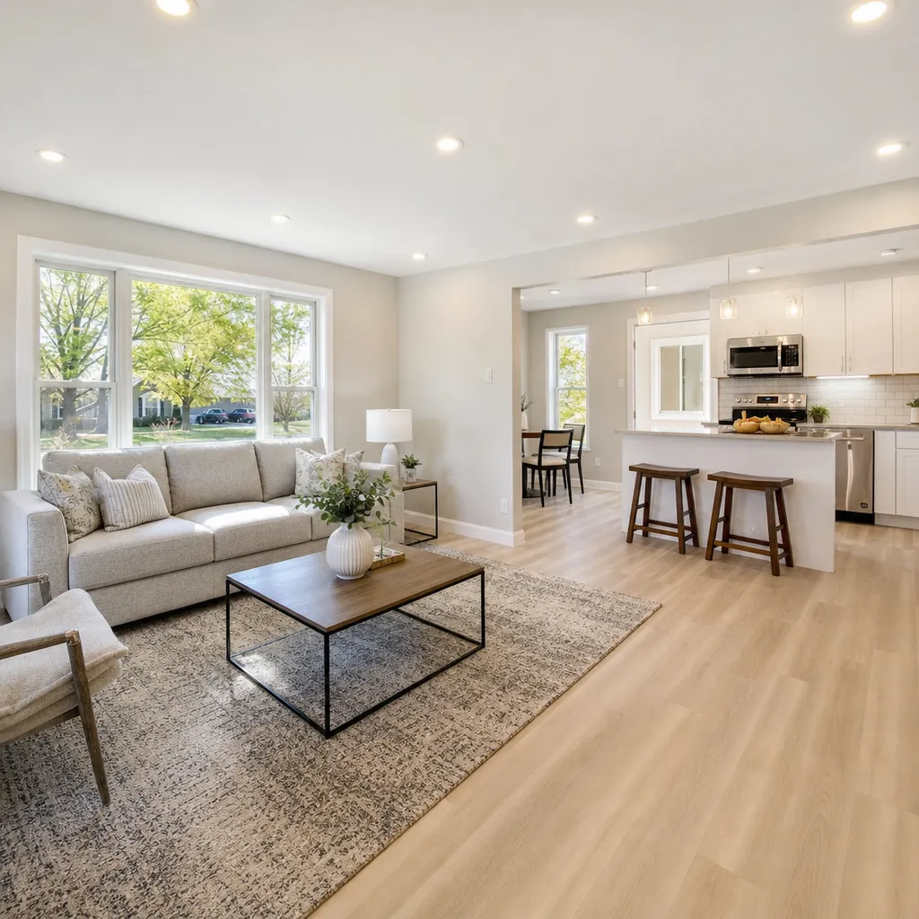 Freshly renovated, lightly staged living room with new floors and an updated kitchen, ready to list for sale