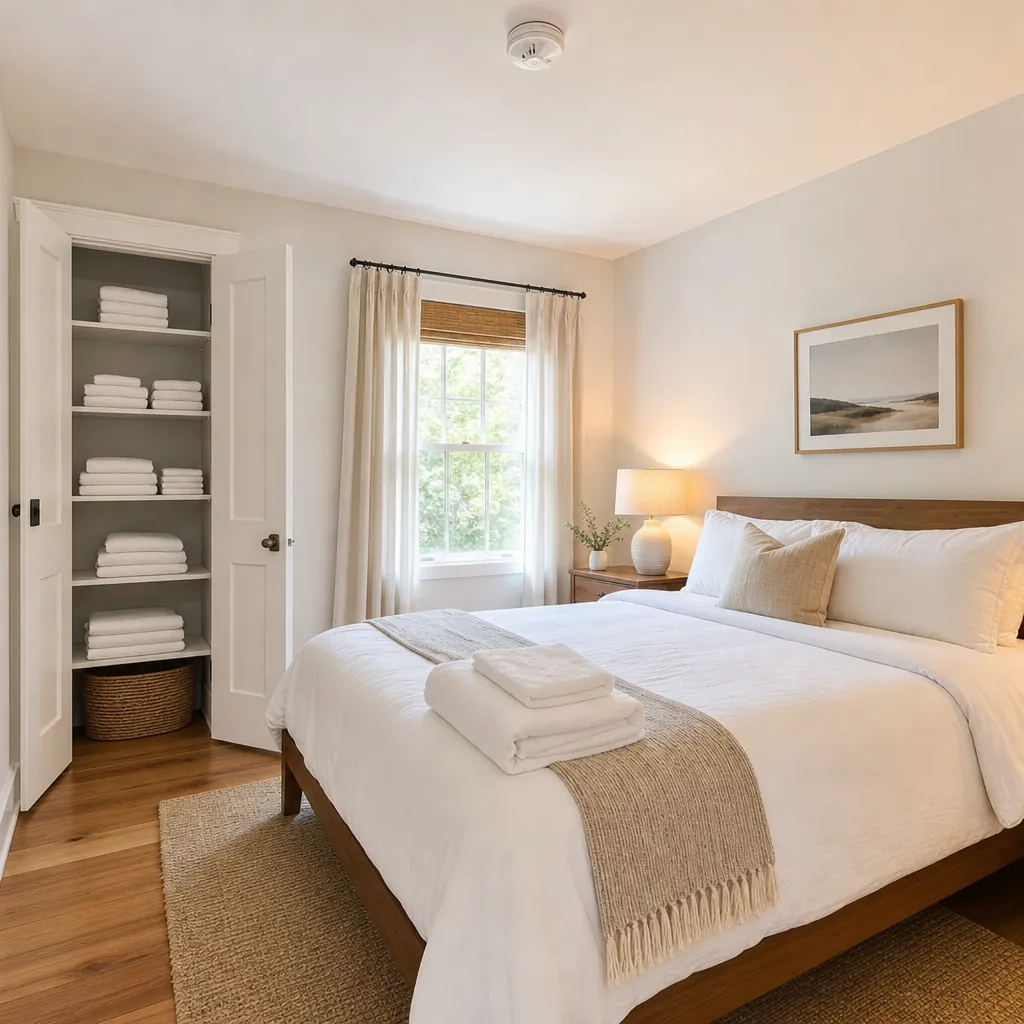 Vacation rental bedroom with fresh white linens, spare towel sets in a closet, and a ceiling smoke detector