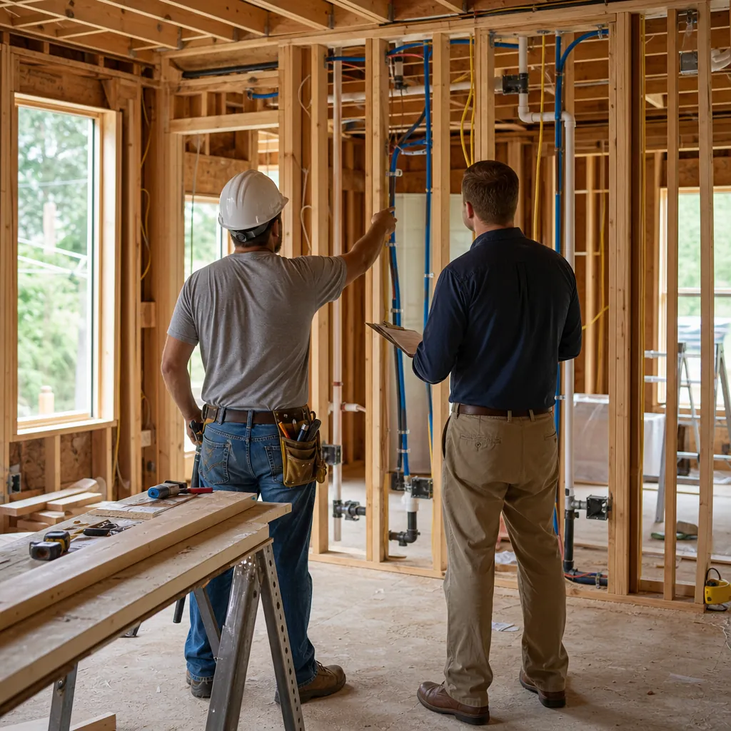 Contractor walking an investor through rough electrical and plumbing work in a house mid-rehab