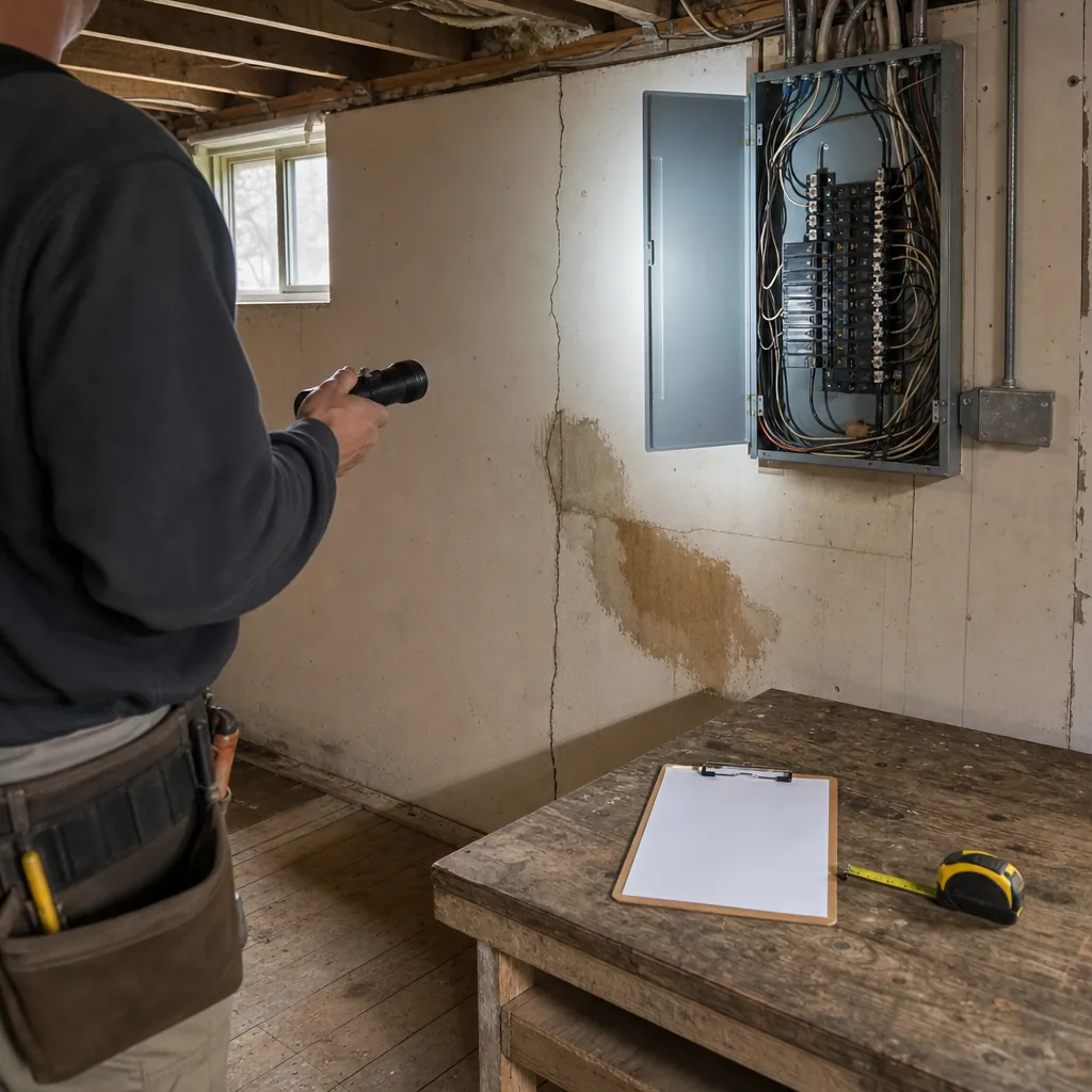 Contractor inspecting an old electrical panel and a water-stained wall in a vacant house basement before closing