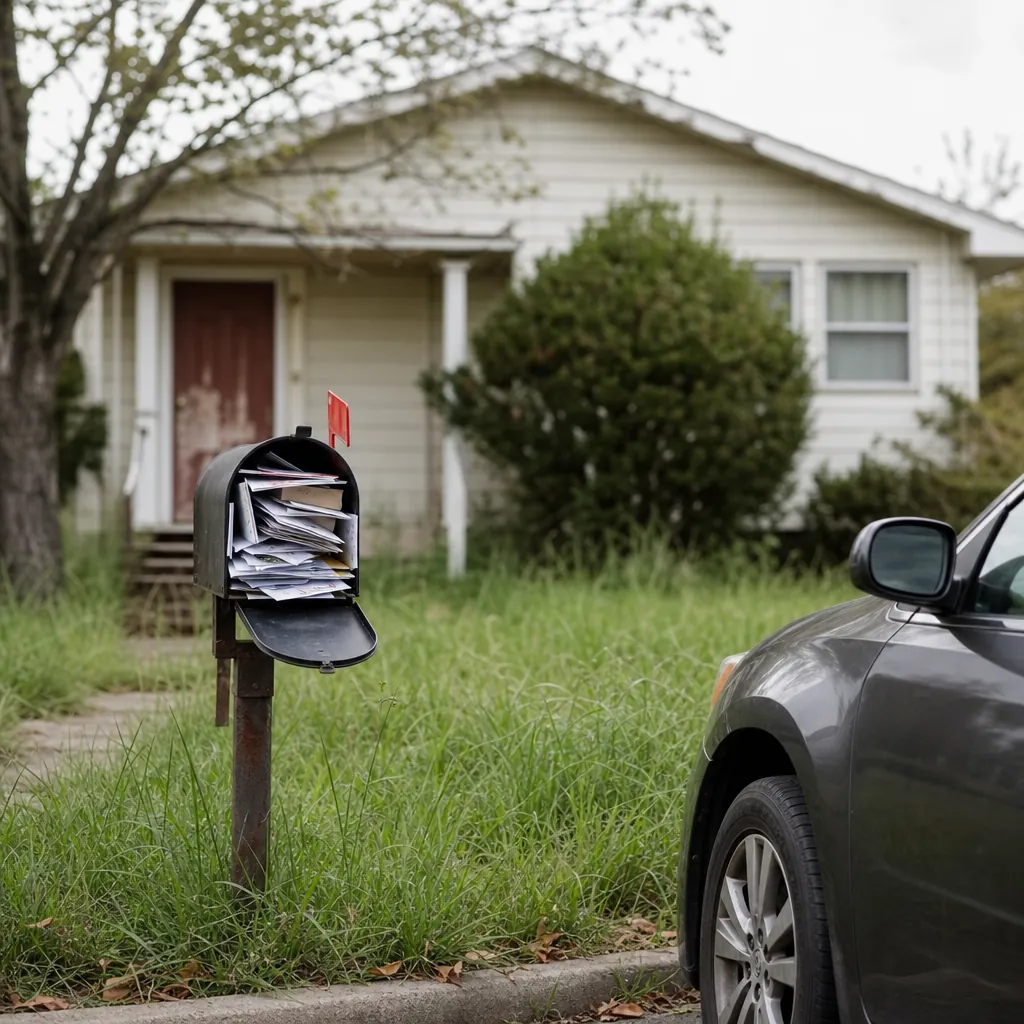 Overflowing mailbox in front of a neglected house, showing direct mail and driving for dollars