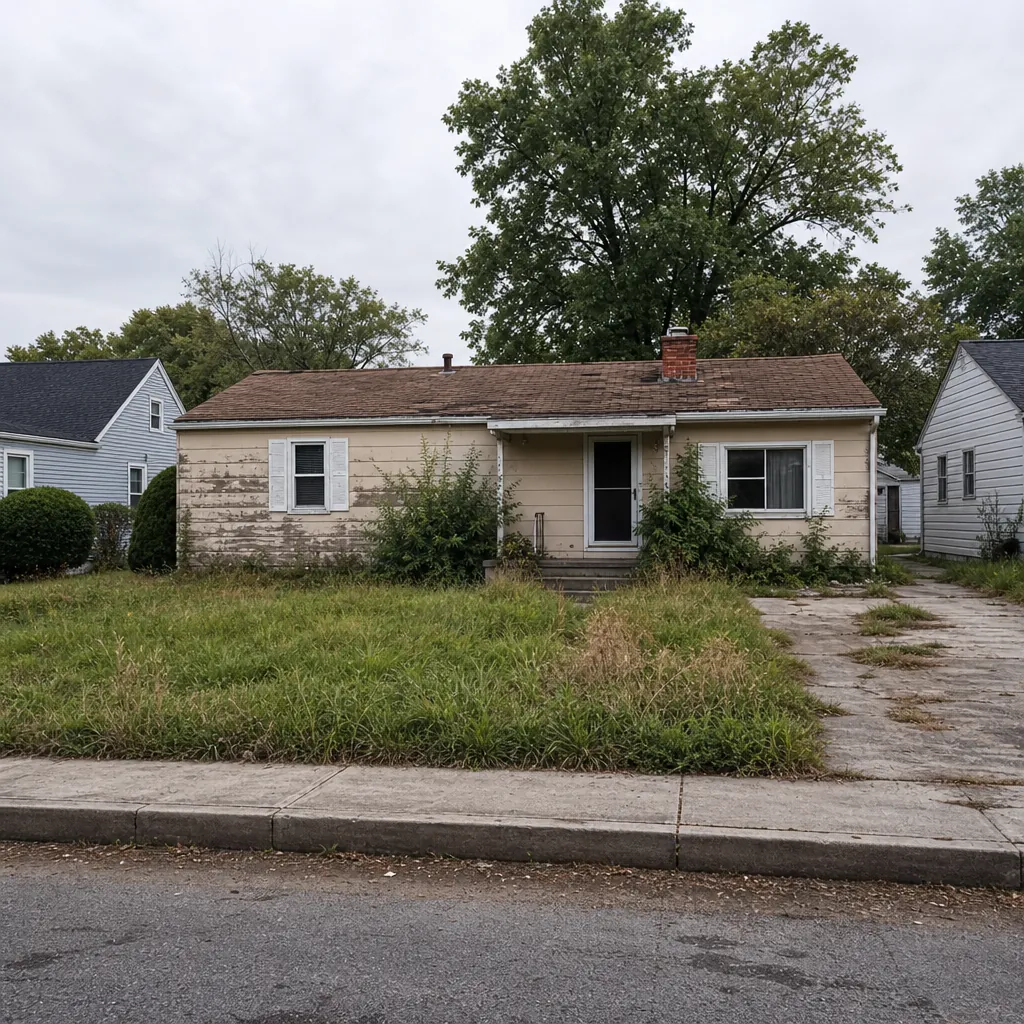 Neglected house with peeling paint and an overgrown yard on a well-kept street, a typical flip candidate