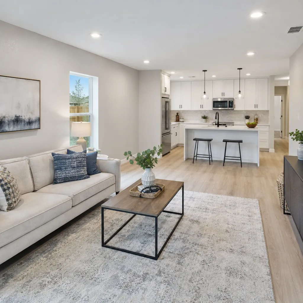 Clean, lightly staged living room and kitchen of a renovated flip house ready for listing photos