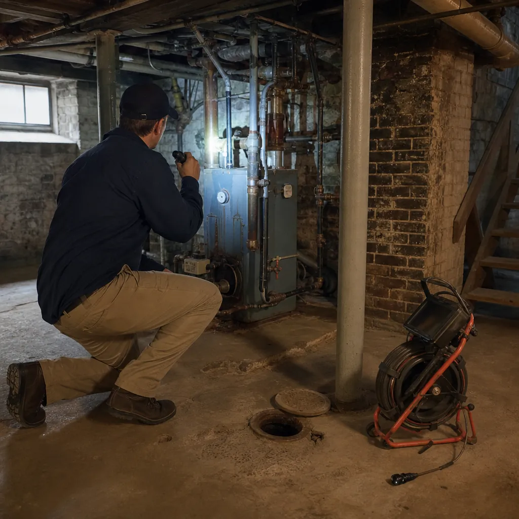 Inspector checking an old shared boiler and setting up a sewer scope in a multifamily basement before closing