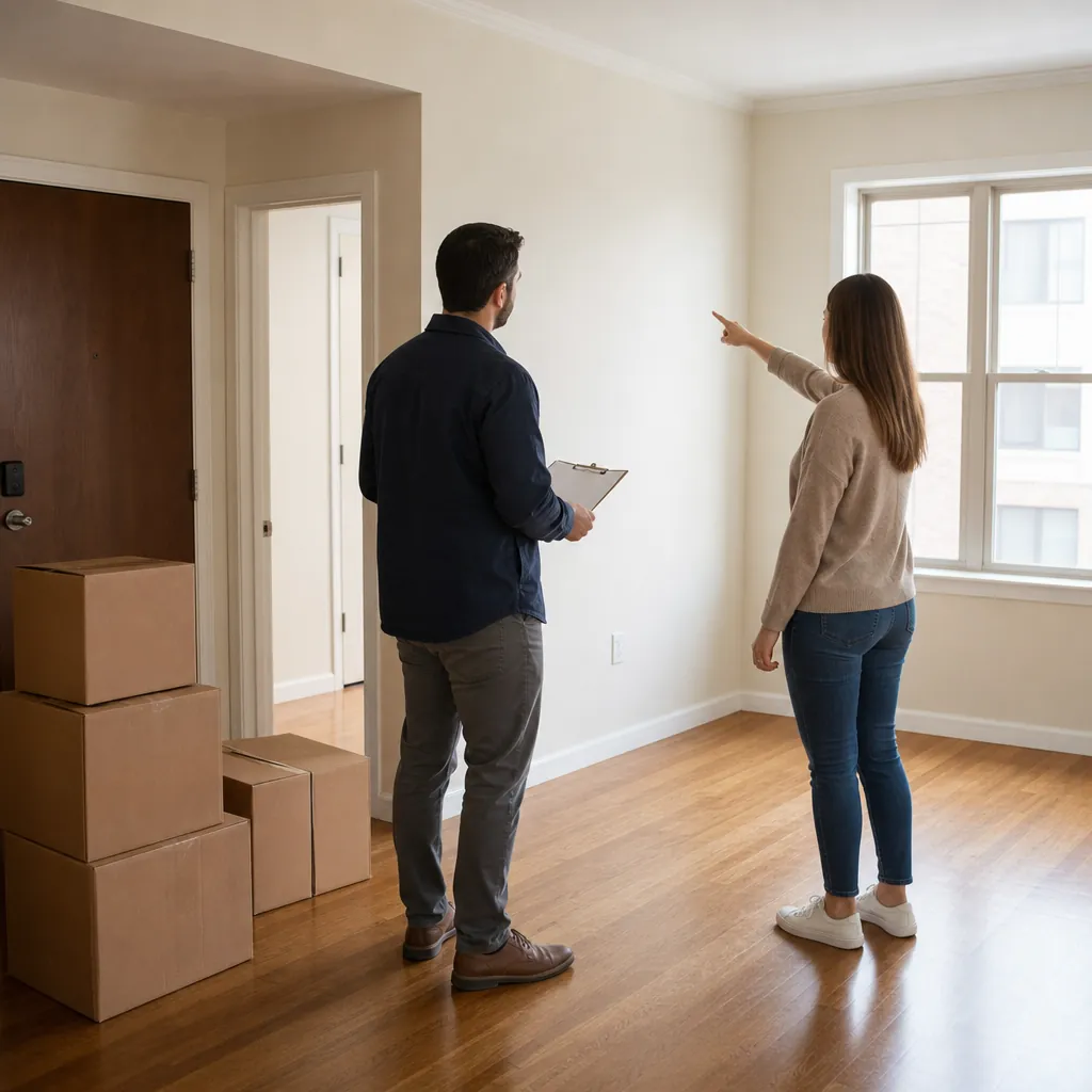 Landlord and new tenant doing a move-in walkthrough of an empty rental apartment with a clipboard