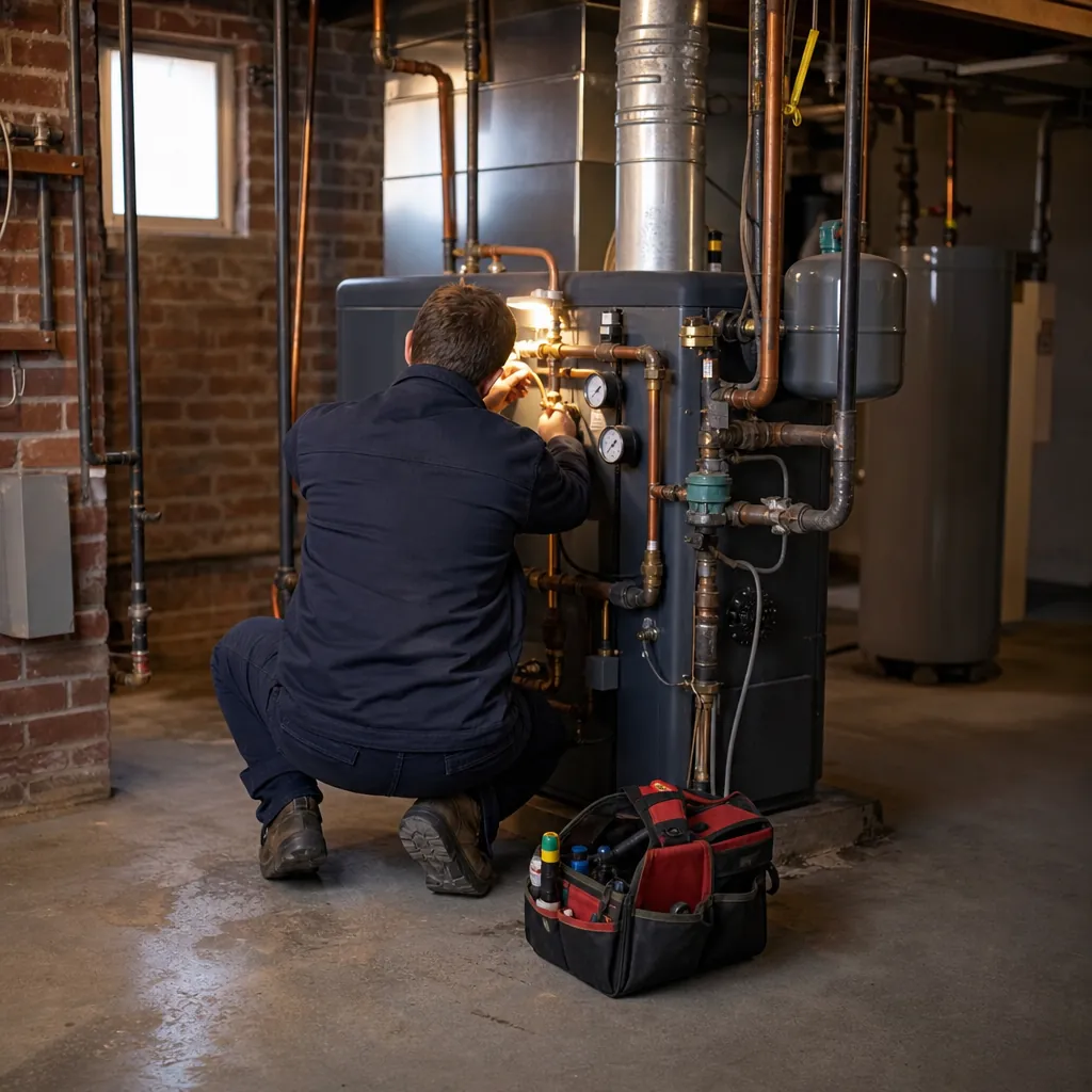 Maintenance technician servicing the boiler in an apartment building's basement utility room