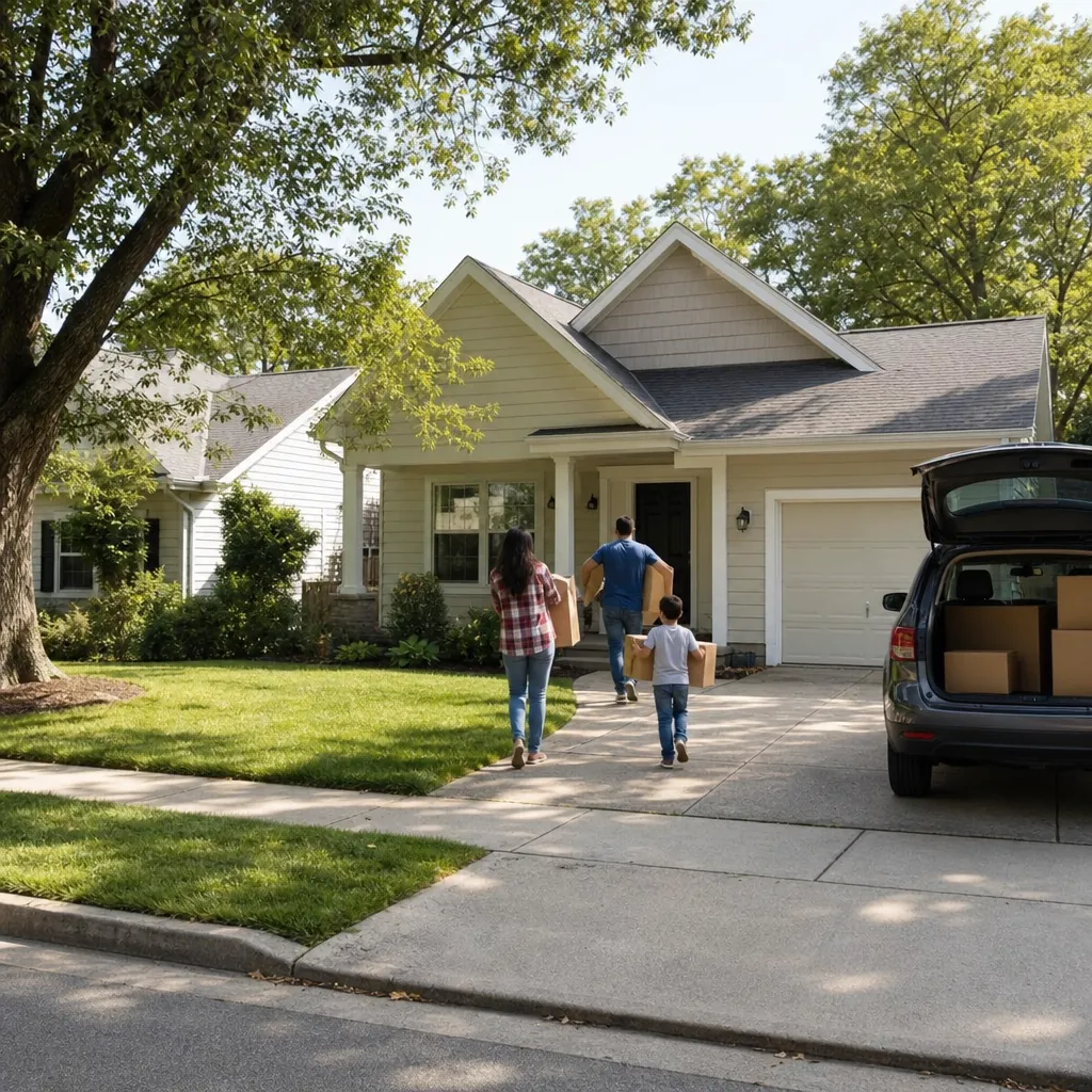 Tenant family carrying moving boxes into a modest suburban single-family rental house