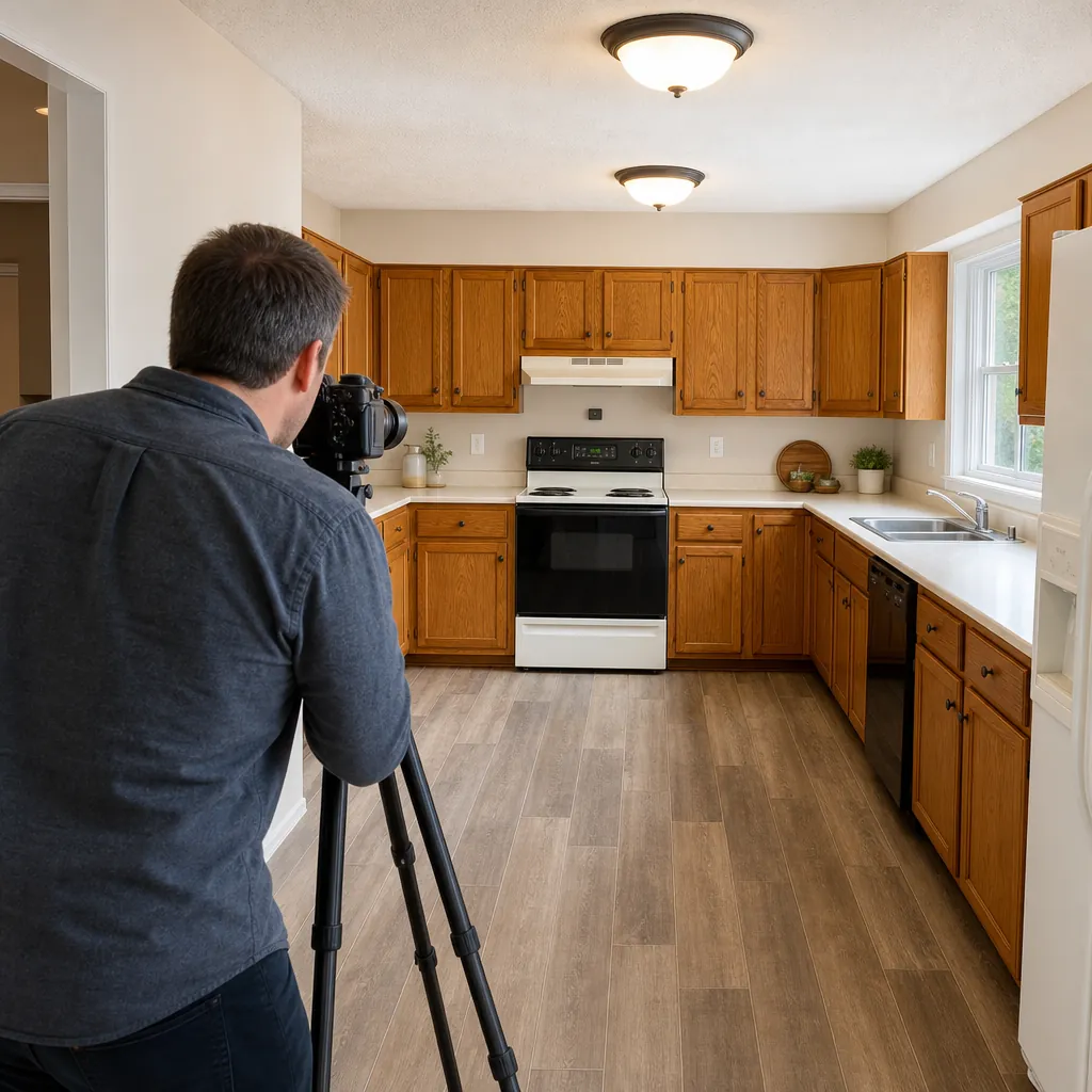 Photographer shooting listing photos of a clean, freshly painted kitchen with dated oak cabinets