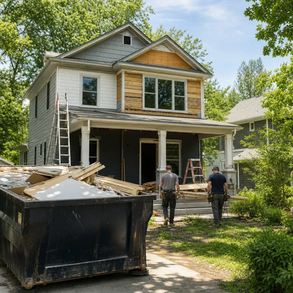 Active rehab site with a debris dumpster and contractors, a common place to meet cash buyers