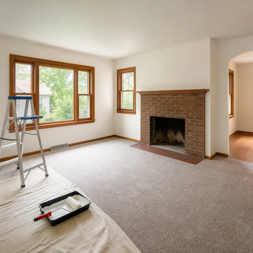 Empty living room mid-refresh with fresh neutral paint, new carpet, roller and drop cloth beside a dated but clean fireplace