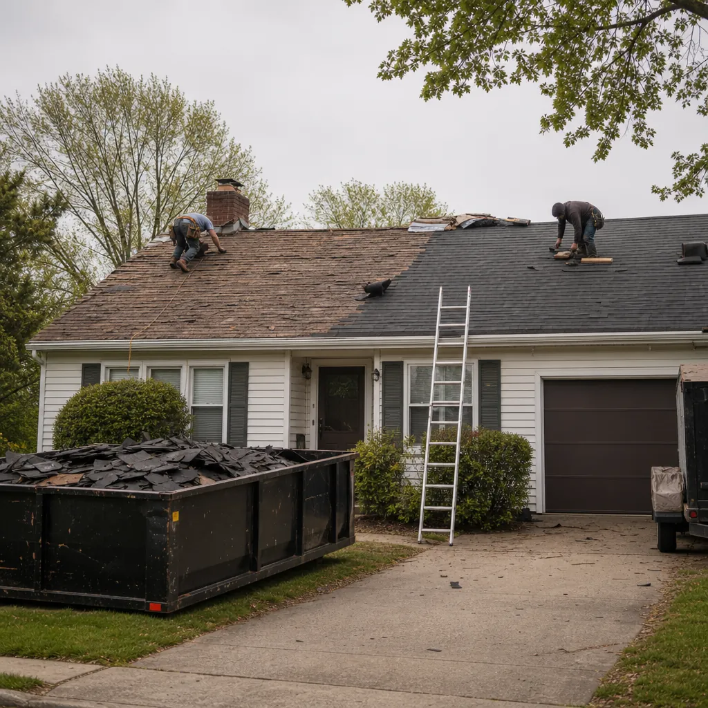 Roofers replacing worn shingles on an older single-family rental, an often unbudgeted capital expense