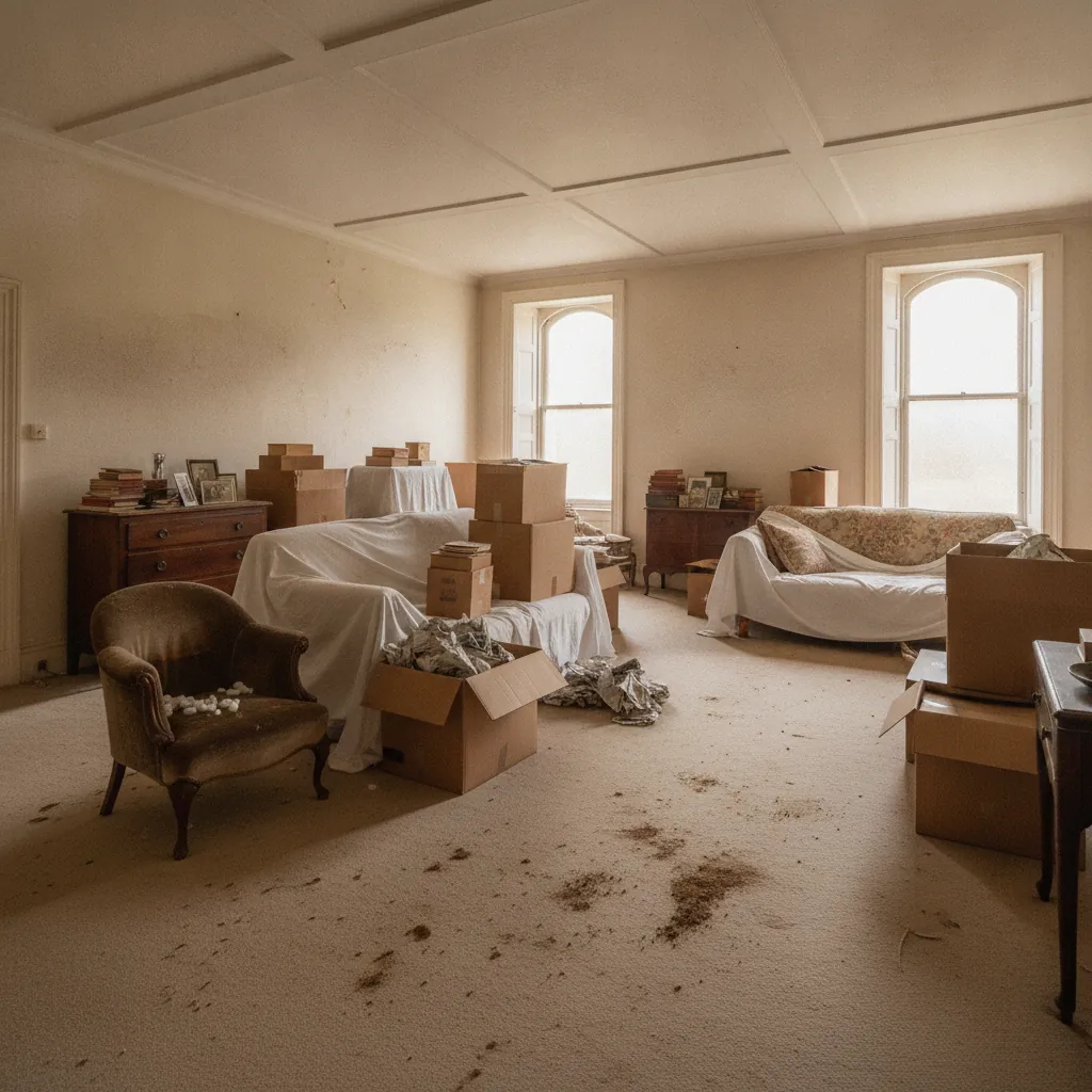 Cluttered estate home living room with worn carpet and old paint, a typical cosmetic-only wholetail candidate