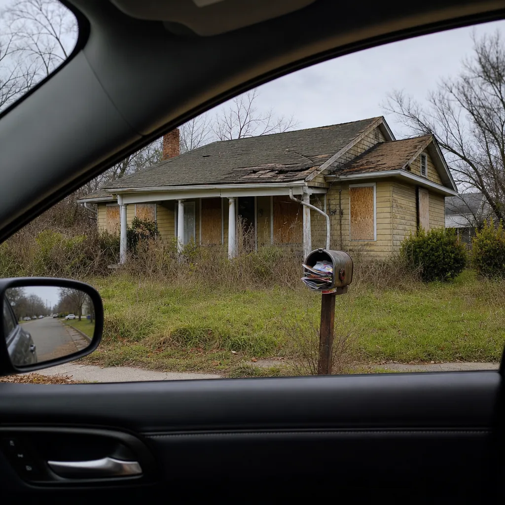 View from a car window of a vacant house with boarded windows and an overgrown yard while driving for dollars