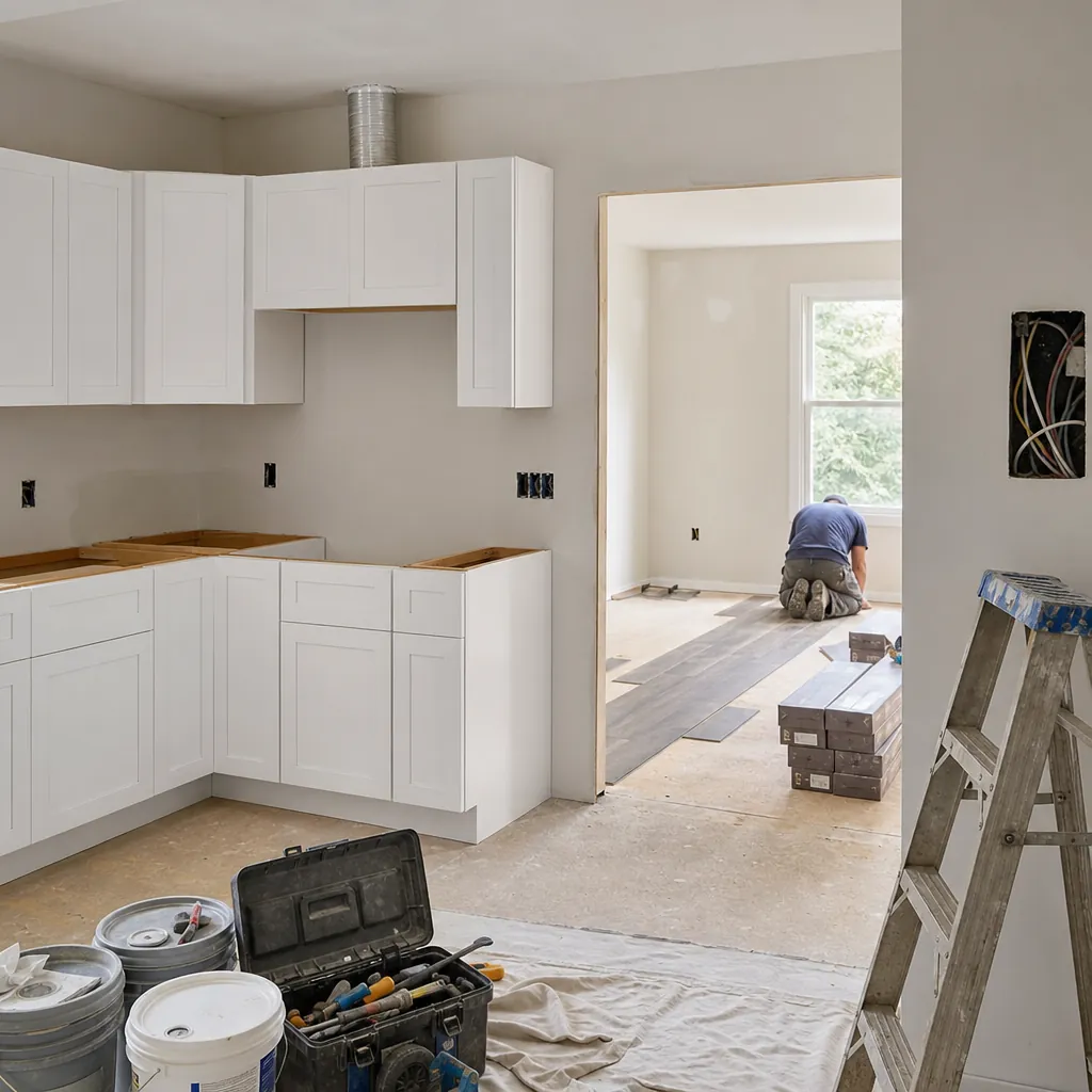 House mid-rehab: new white shaker cabinets awaiting countertops while a worker installs vinyl plank flooring