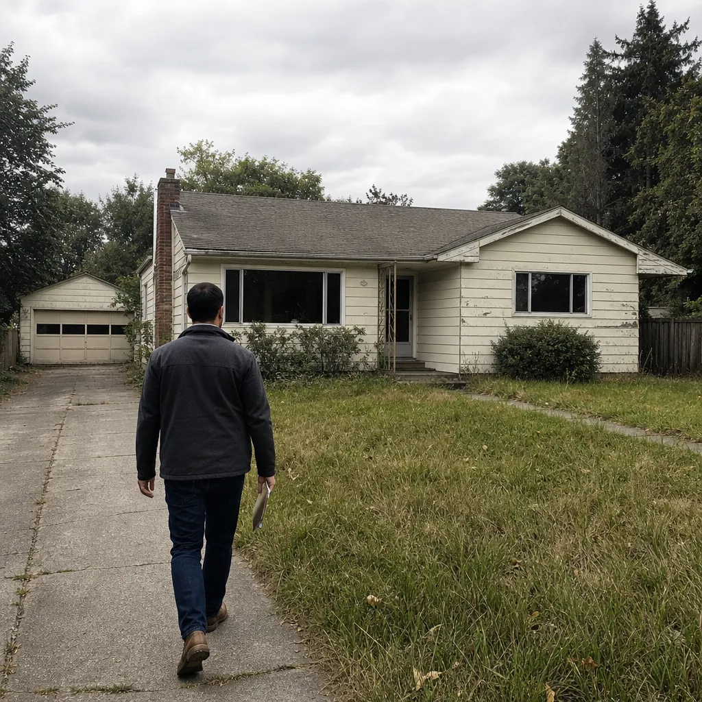 Investor seen from behind walking toward a dated vacant house with overgrown lawn, a likely BRRRR purchase