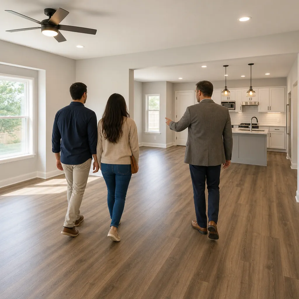 Prospective tenants touring a freshly renovated empty rental living room with vinyl plank floors