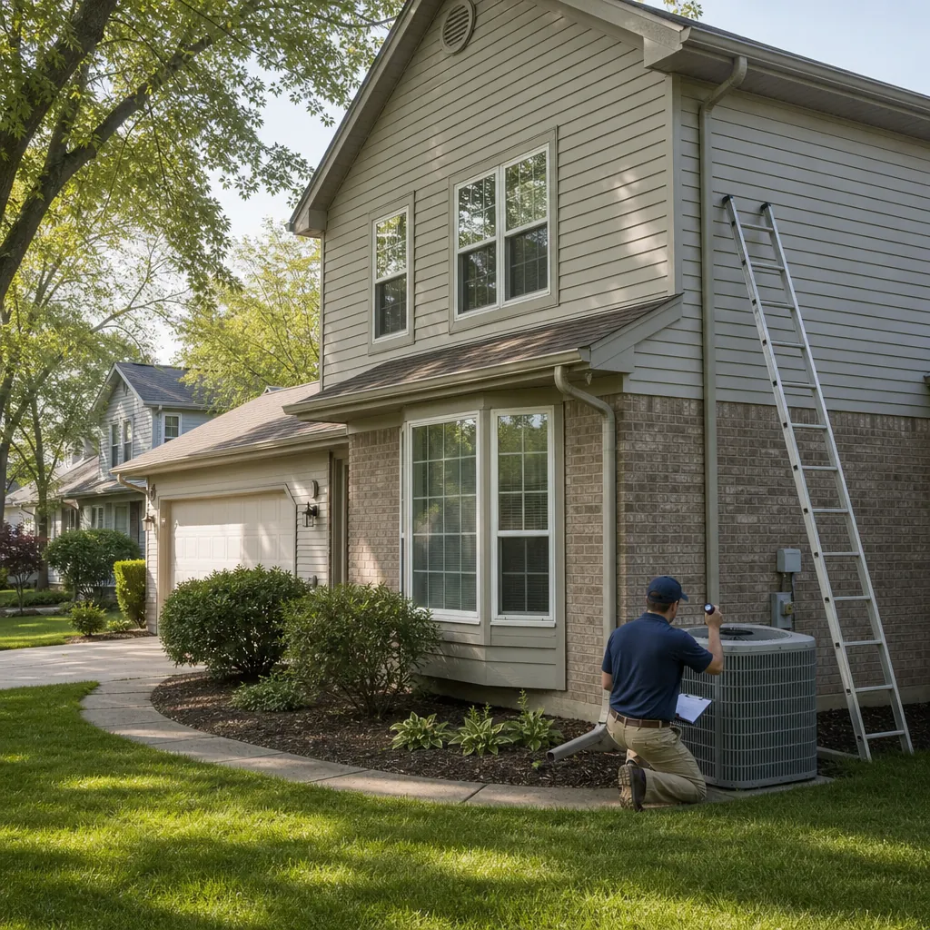 Inspector checks the HVAC unit beside a three-bedroom single-family rental home in a quiet family neighborhood