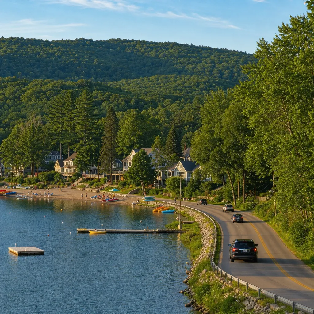 Lakeside vacation town with cottages, docks and a road leading in, an example of a drive-to STR market