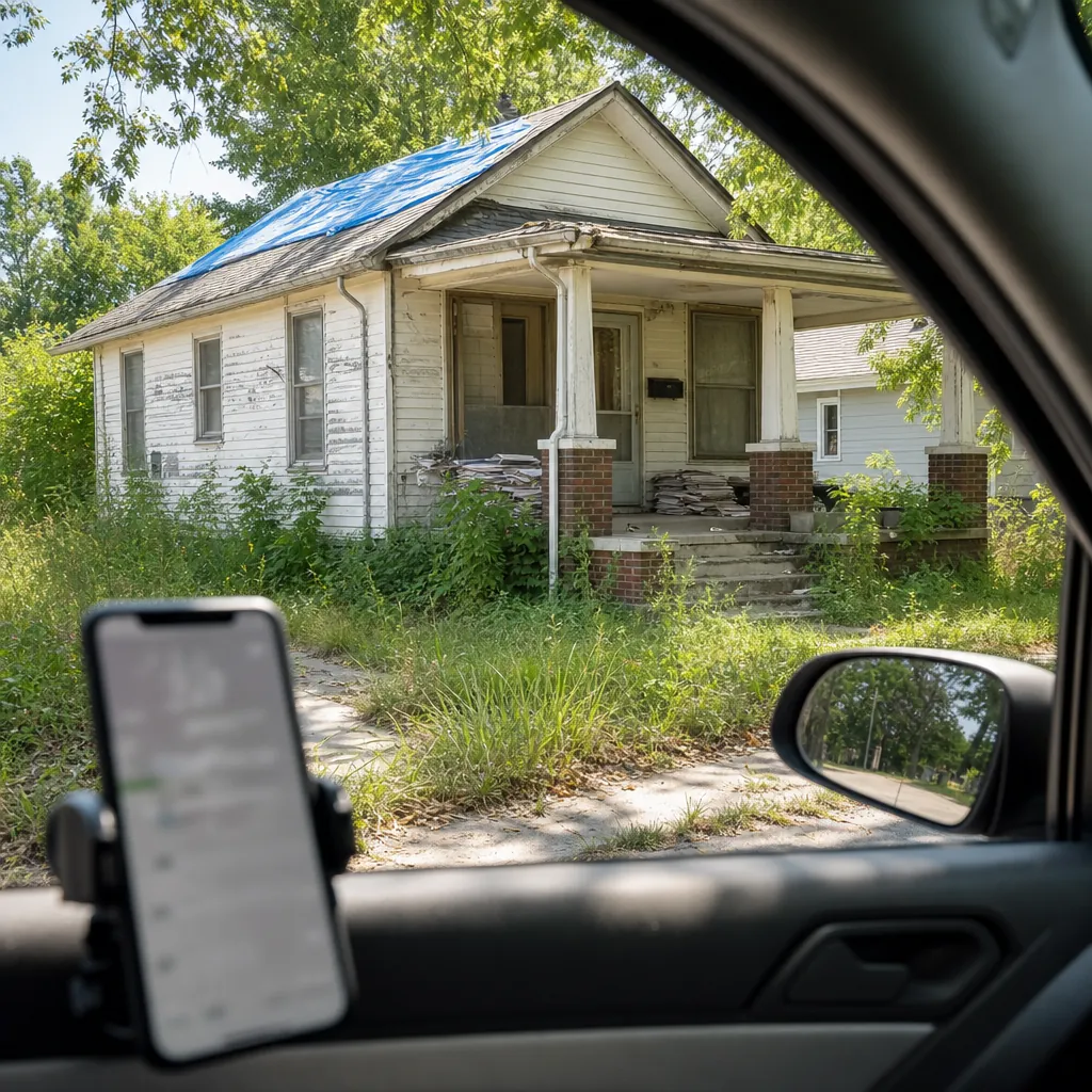 Neglected house with overgrown yard, roof tarp and piled-up mail seen from a car while driving for dollars