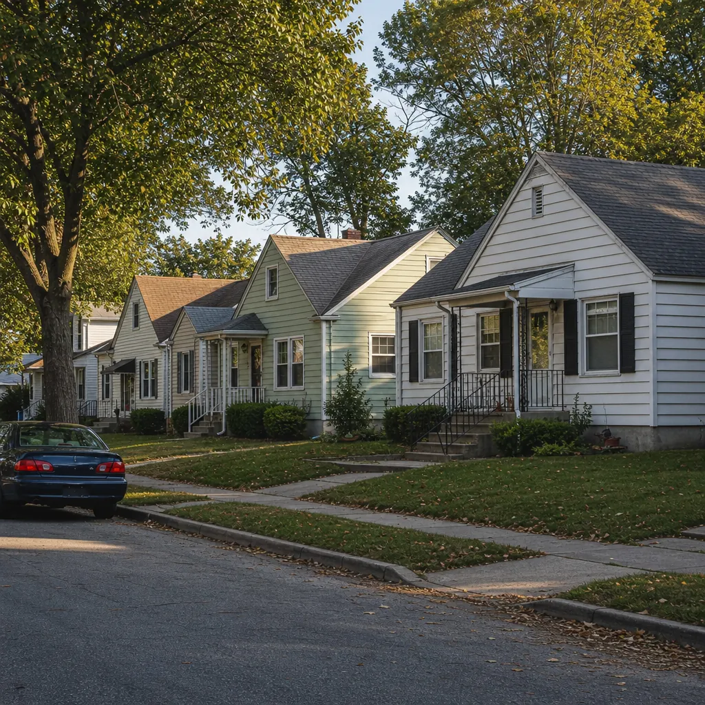 Street of older single-family homes in a target neighborhood, some well kept and some needing repairs
