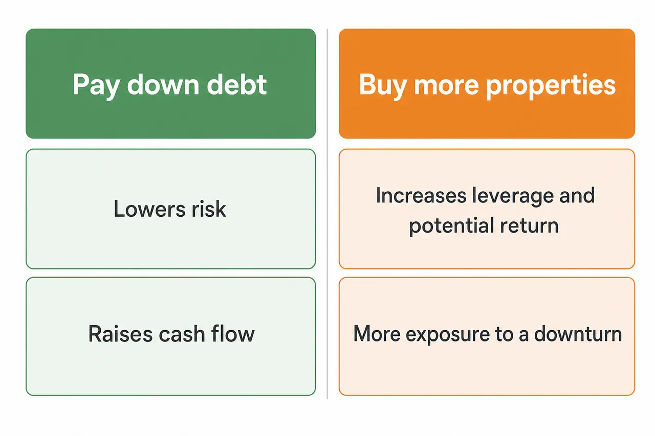 Comparison chart: paying down rental debt lowers risk and raises cash flow; buying more adds leverage and downturn risk