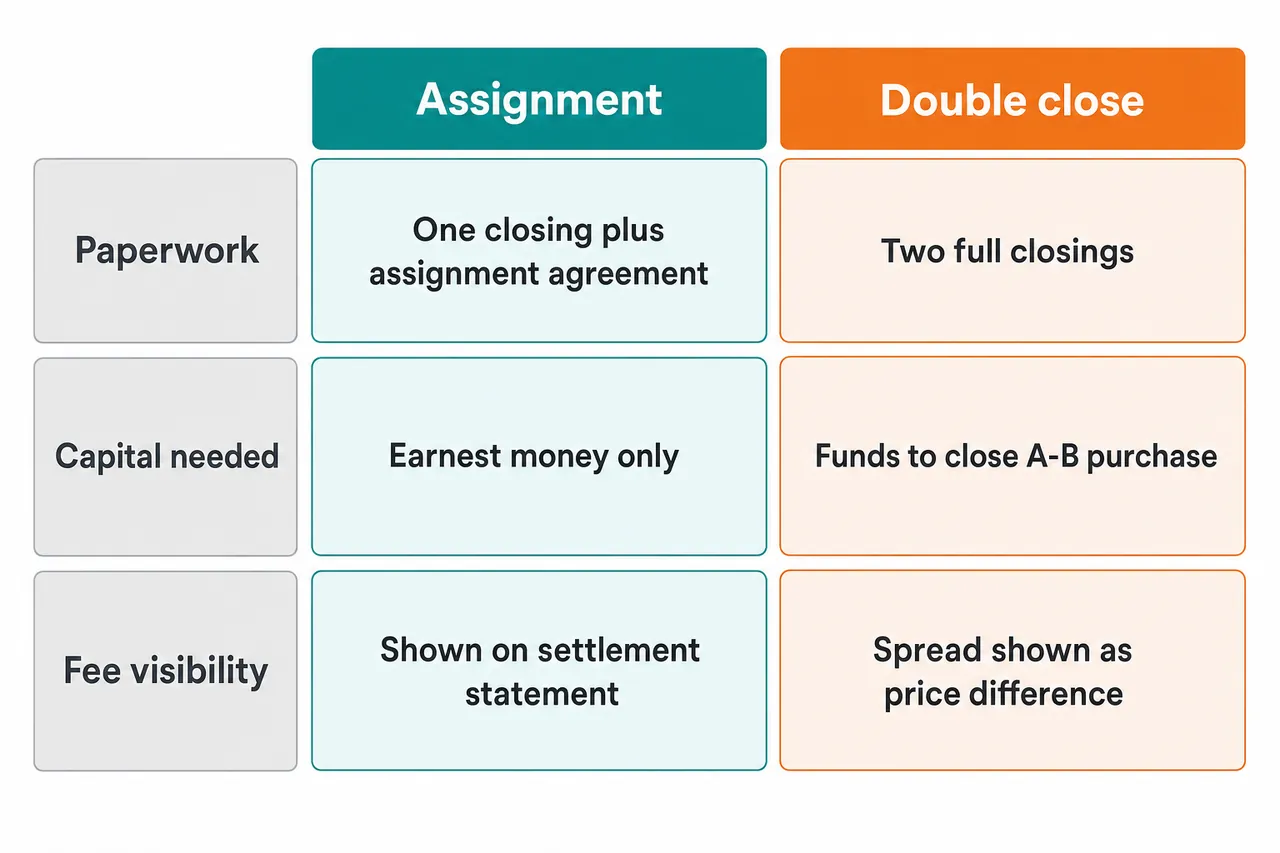 Comparison chart of assignment vs double close by paperwork, capital needed, and fee visibility