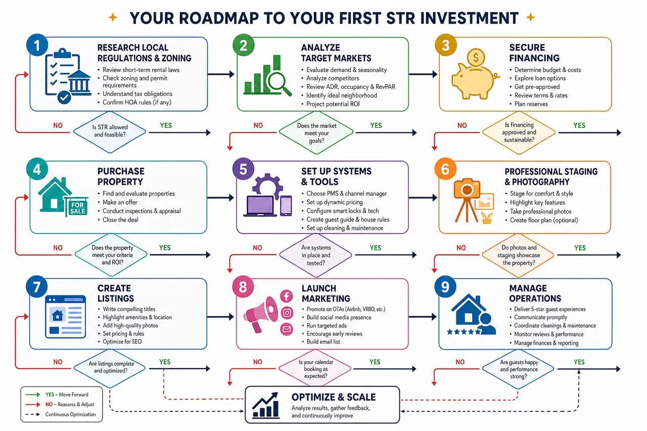 Nine-step STR launch flowchart that starts with a regulation and zoning check before market, financing and setup steps