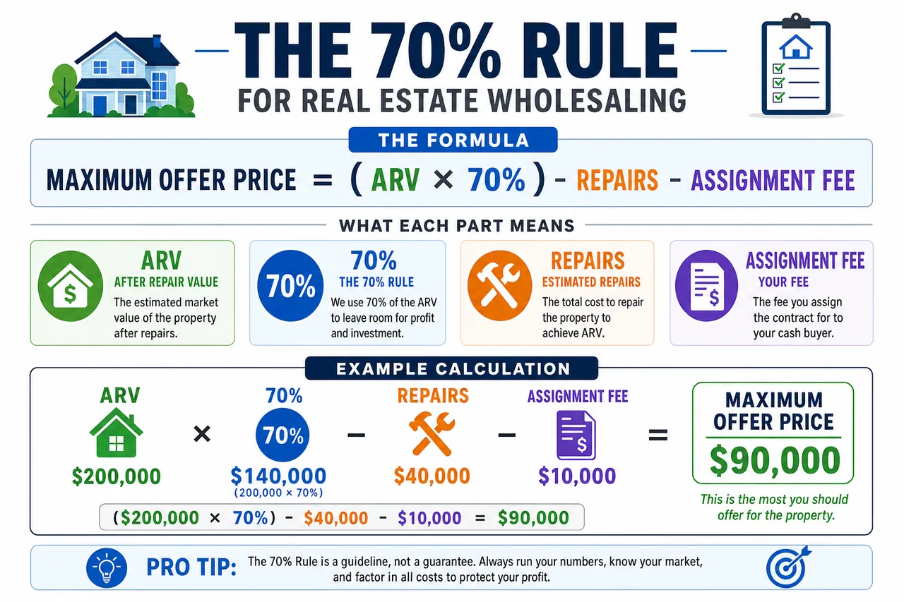 70% rule infographic: max offer = ARV × 70% − repairs − assignment fee; a $200k ARV example yields a $90k offer