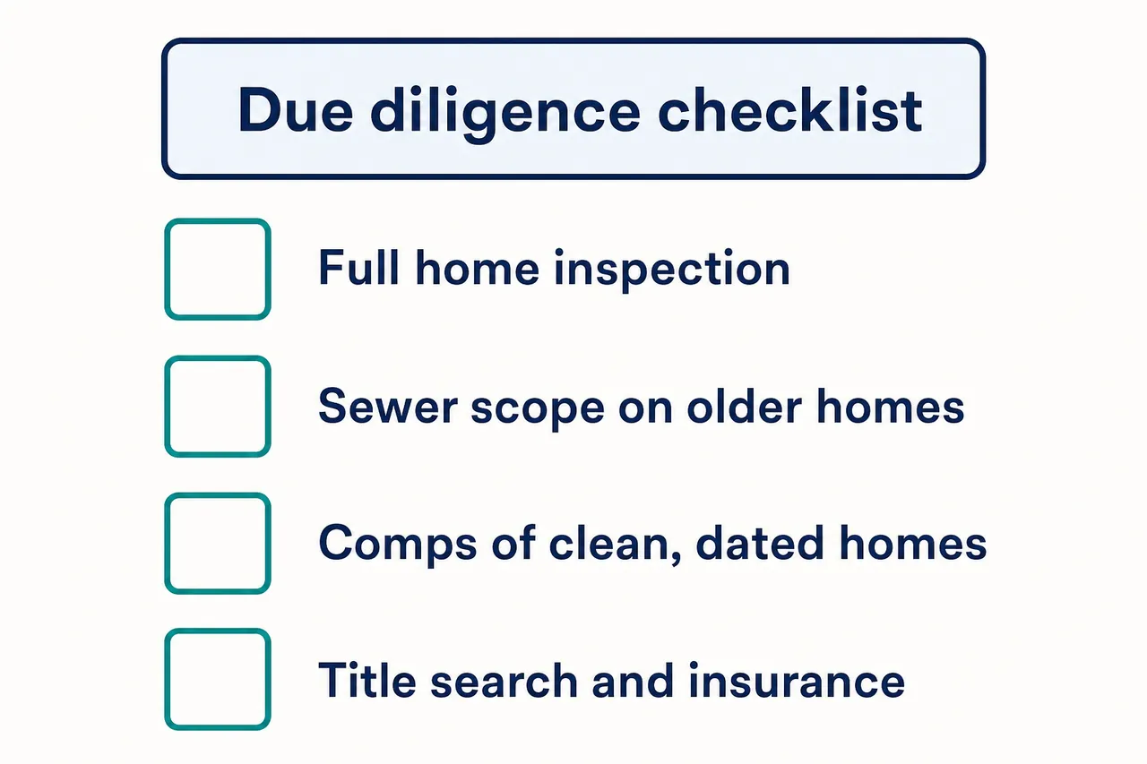 Checklist for a wholetail purchase: home inspection, sewer scope, dated-home comps, title search and insurance
